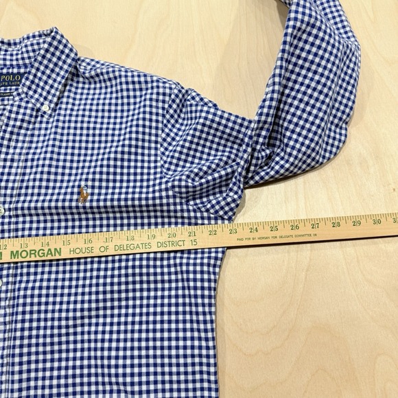Polo Ralph Lauren Men's Medium Blue White Gingham Check Oxford Shirt Flesh Pony - Picture 9 of 10